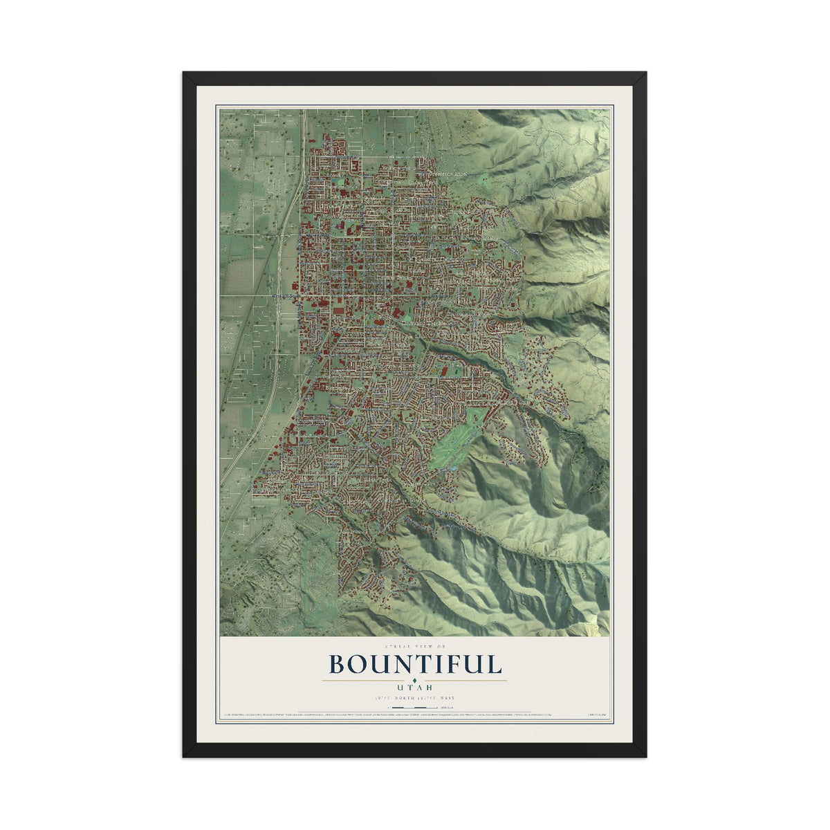 Map of Bountiful, Utah, 12 x 18 inch print in a black wood frame