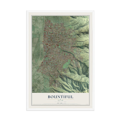 Map of Bountiful, Utah, 12 x 18 inch print in a white wood frame