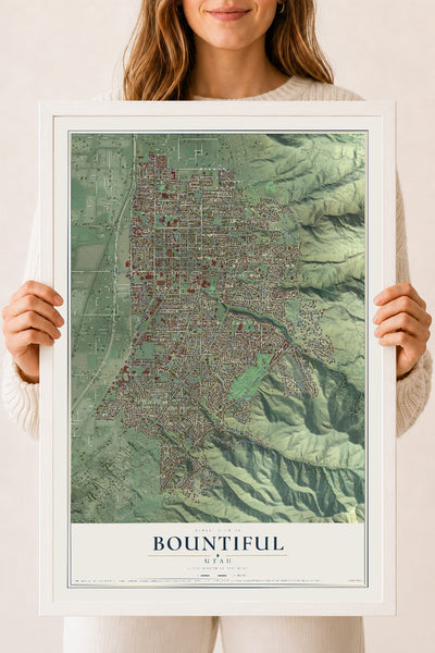Map of Bountiful, Utah, 18 x 24 inch print in a white wood frame