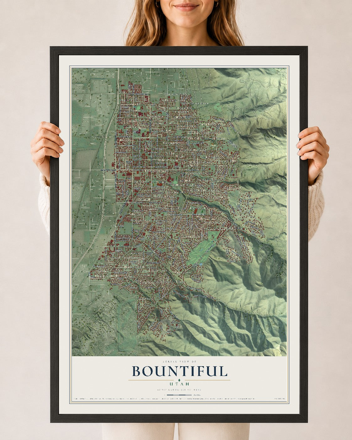 Map of Bountiful, Utah, 24 x 36 inch print in a black wood frame