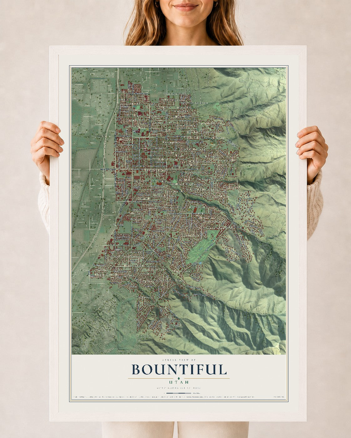Map of Bountiful, Utah, 24 x 36 inch print in a white wood frame