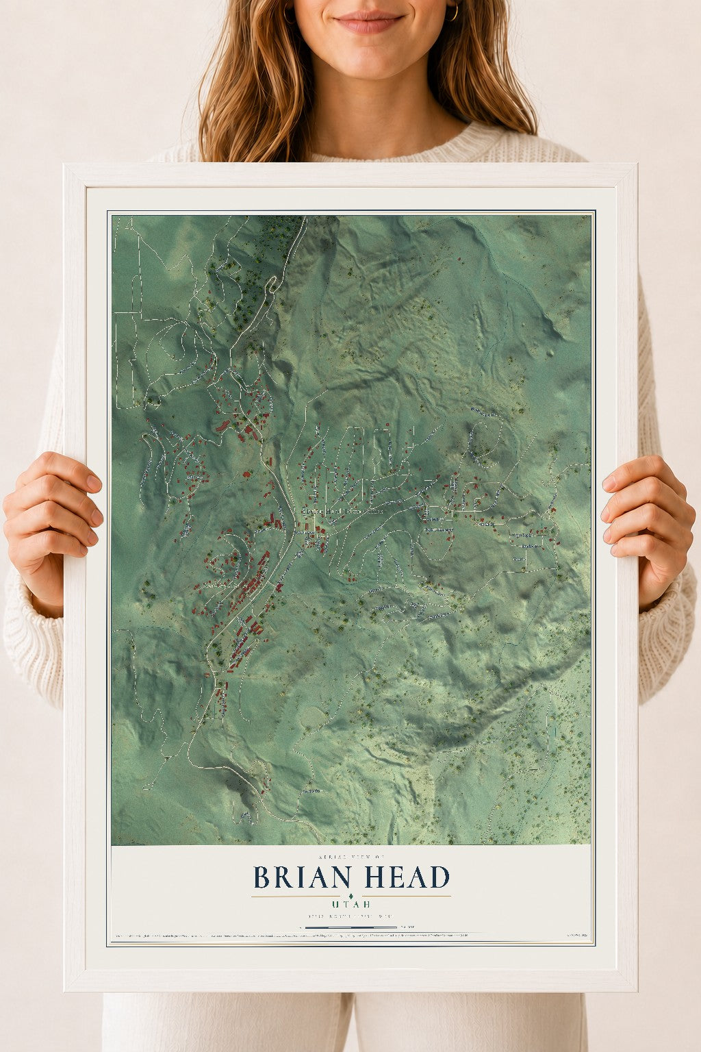 Map of Brian Head, Utah, 18 x 24 inch print in a white wood frame