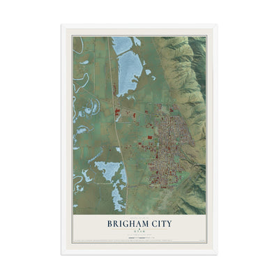 Map of Brigham City, Utah, 12 x 18 inch print in a white wood frame