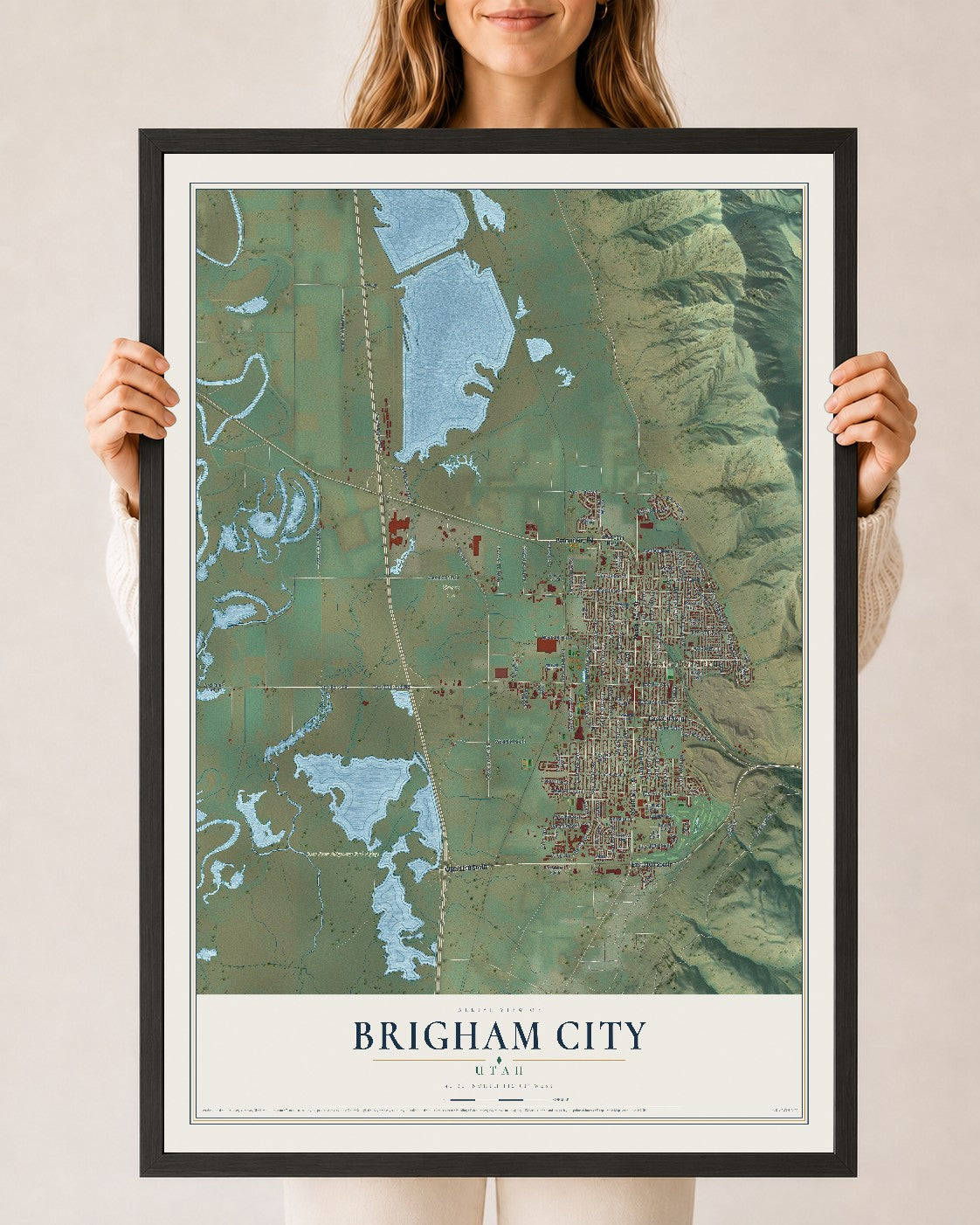 Map of Brigham City, Utah, 24 x 36 inch print in a black wood frame