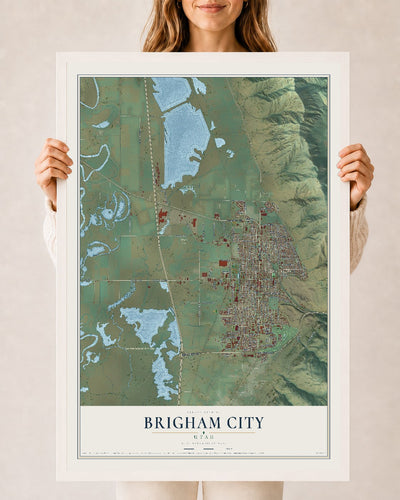 Map of Brigham City, Utah, 24 x 36 inch print in a white wood frame