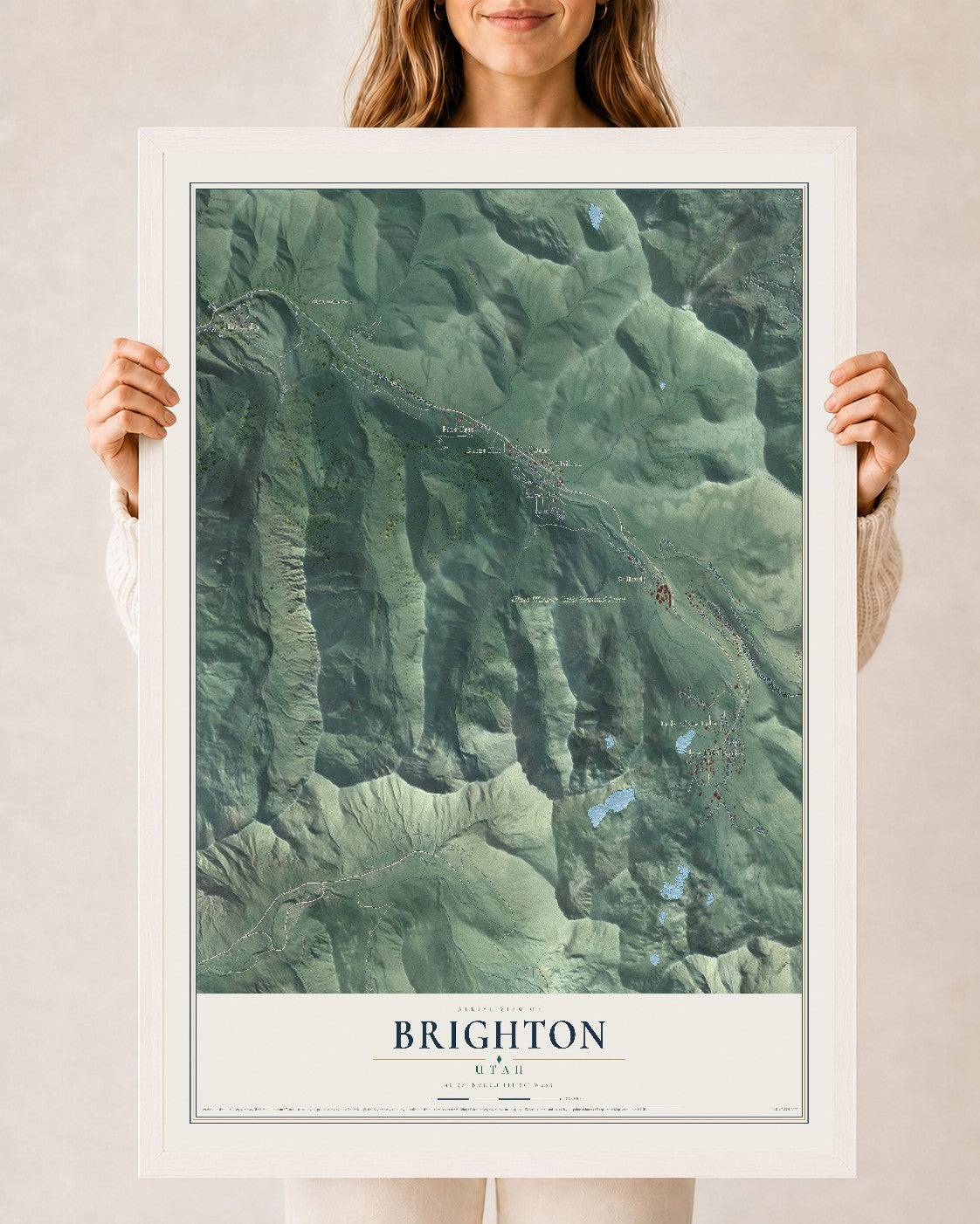 Map of Brighton, Utah, 24 x 36 inch print in a white wood frame