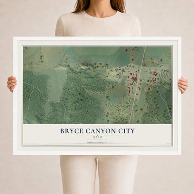 Map of Bryce Canyon City, Utah, 24 x 36 inch print in a white wood frame