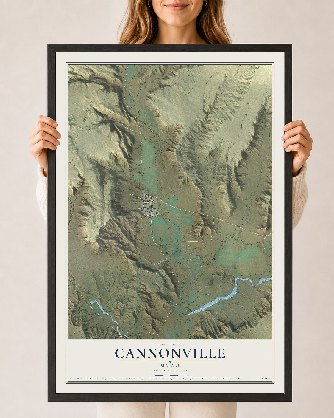 Map of Cannonville, Utah, 24 x 36 inch print in a black wood frame