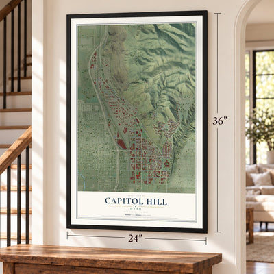 Capitol Hill, Utah map, 24 x 36 inch print in a black frame by a staircase