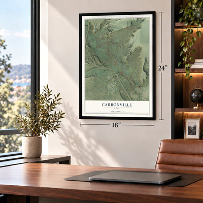 Carbonville, Utah map, 18 x 24 inch print in a black frame in a home office