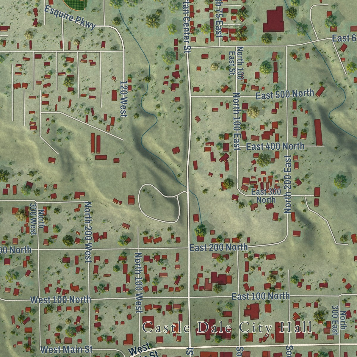 Close-up of the map of Castle Dale, Utah print showing street and building detail