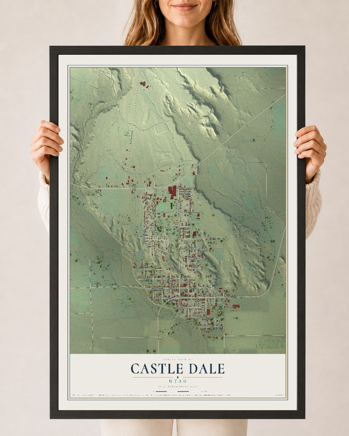 Map of Castle Dale, Utah, 24 x 36 inch print in a black wood frame