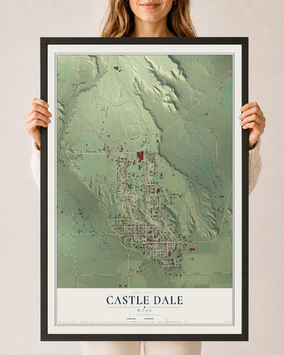Map of Castle Dale, Utah, 24 x 36 inch print in a black wood frame