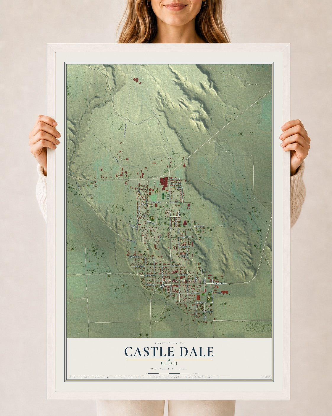 Map of Castle Dale, Utah, 24 x 36 inch print in a white wood frame