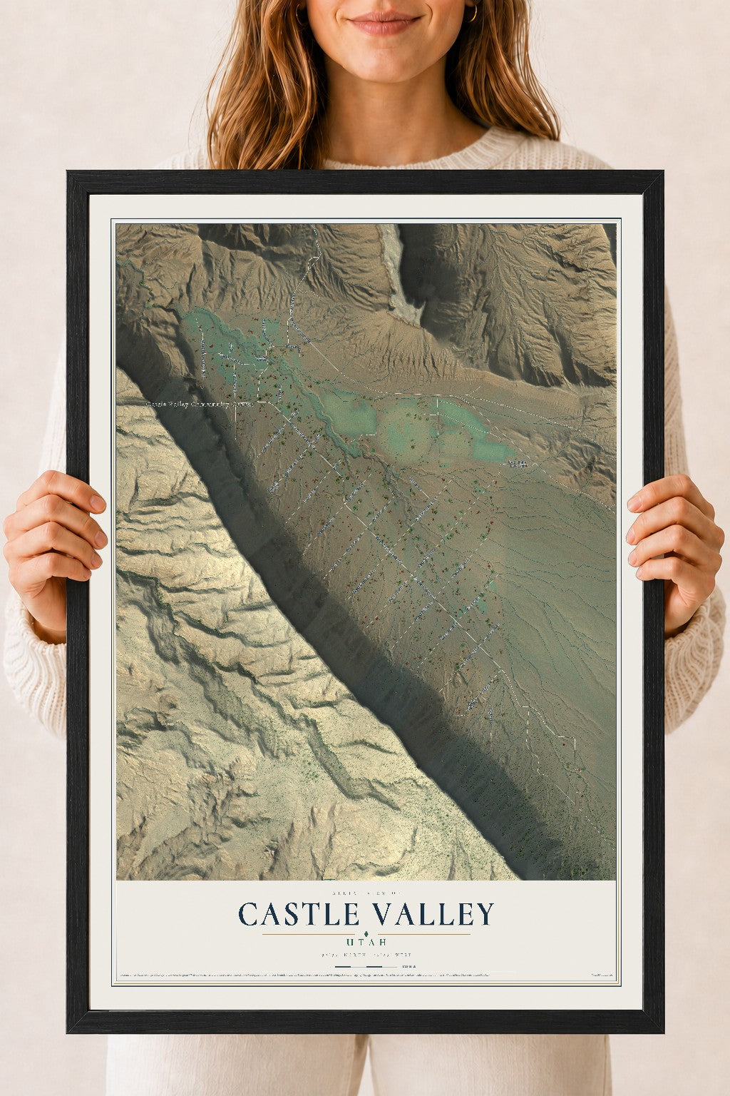 Map of Castle Valley, Utah, 18 x 24 inch print in a black wood frame