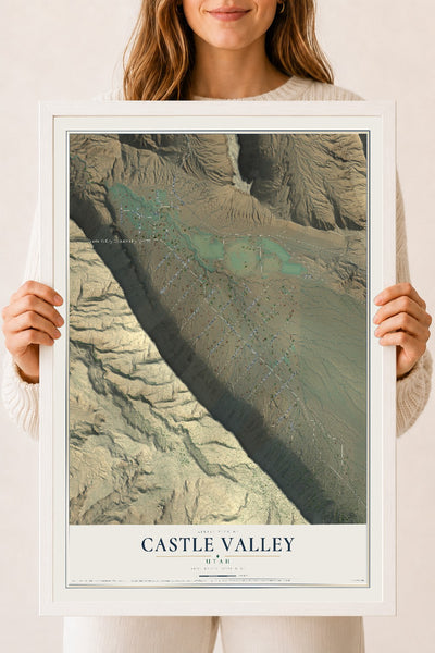 Map of Castle Valley, Utah, 18 x 24 inch print in a white wood frame