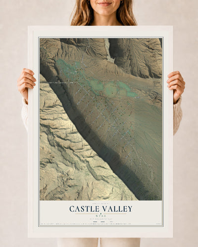 Map of Castle Valley, Utah, 24 x 36 inch print in a white wood frame