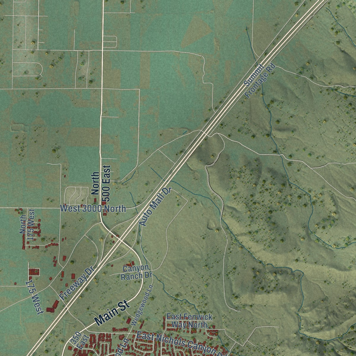 Second close-up of the map of Cedar City, Utah print showing more streets and buildings