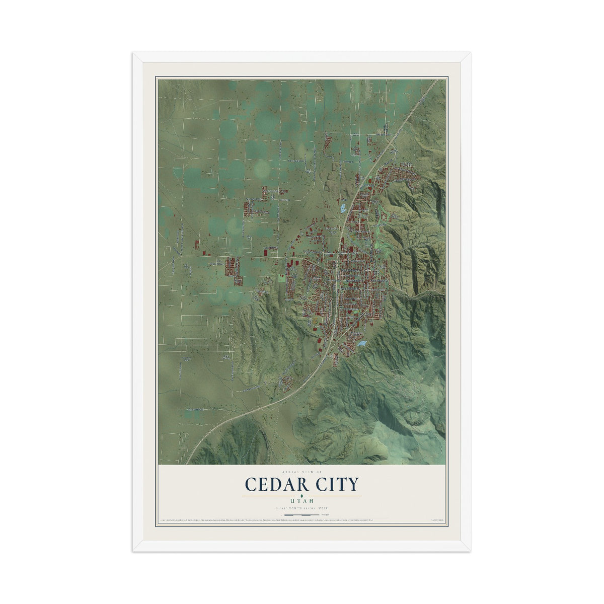Map of Cedar City, Utah, 12 x 18 inch print in a white wood frame