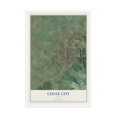 Map of Cedar City, Utah, 12 x 18 inch print in a white wood frame