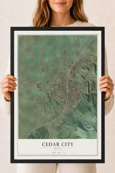 Map of Cedar City, Utah, 18 x 24 inch print in a black wood frame