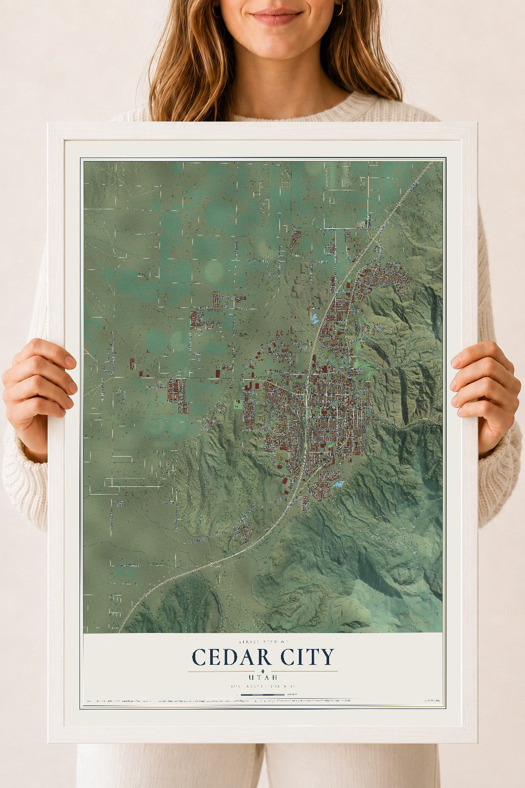Map of Cedar City, Utah, 18 x 24 inch print in a white wood frame