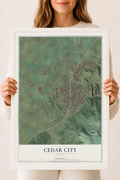Map of Cedar City, Utah, 18 x 24 inch print in a white wood frame