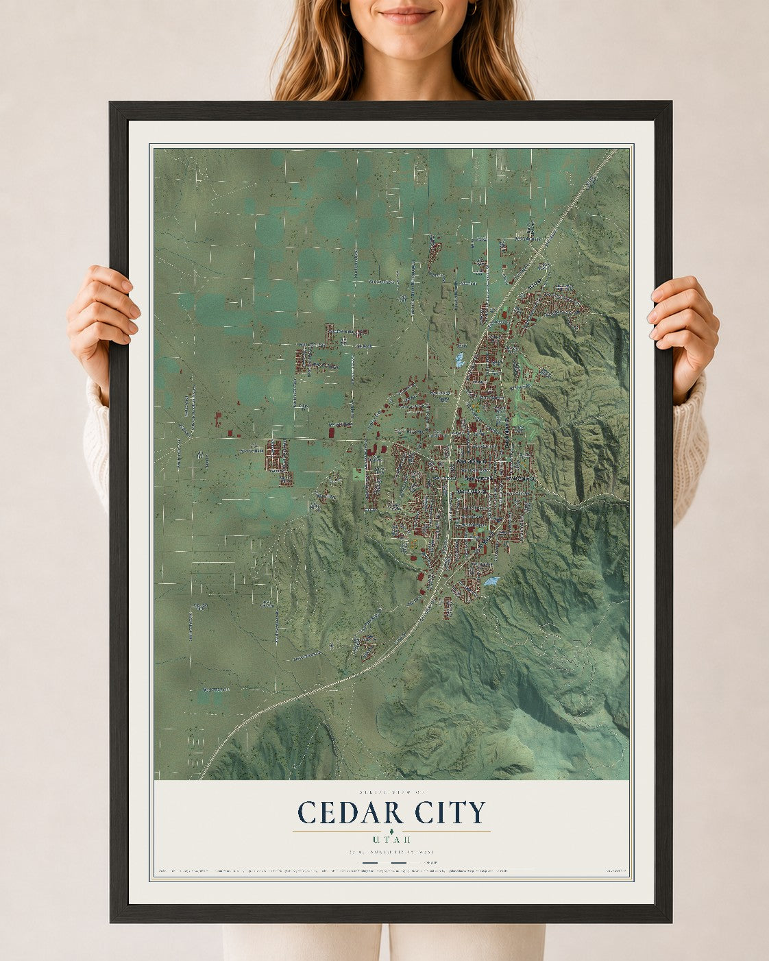 Map of Cedar City, Utah, 24 x 36 inch print in a black wood frame