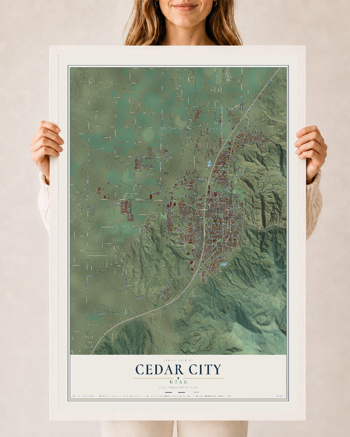 Map of Cedar City, Utah, 24 x 36 inch print in a white wood frame