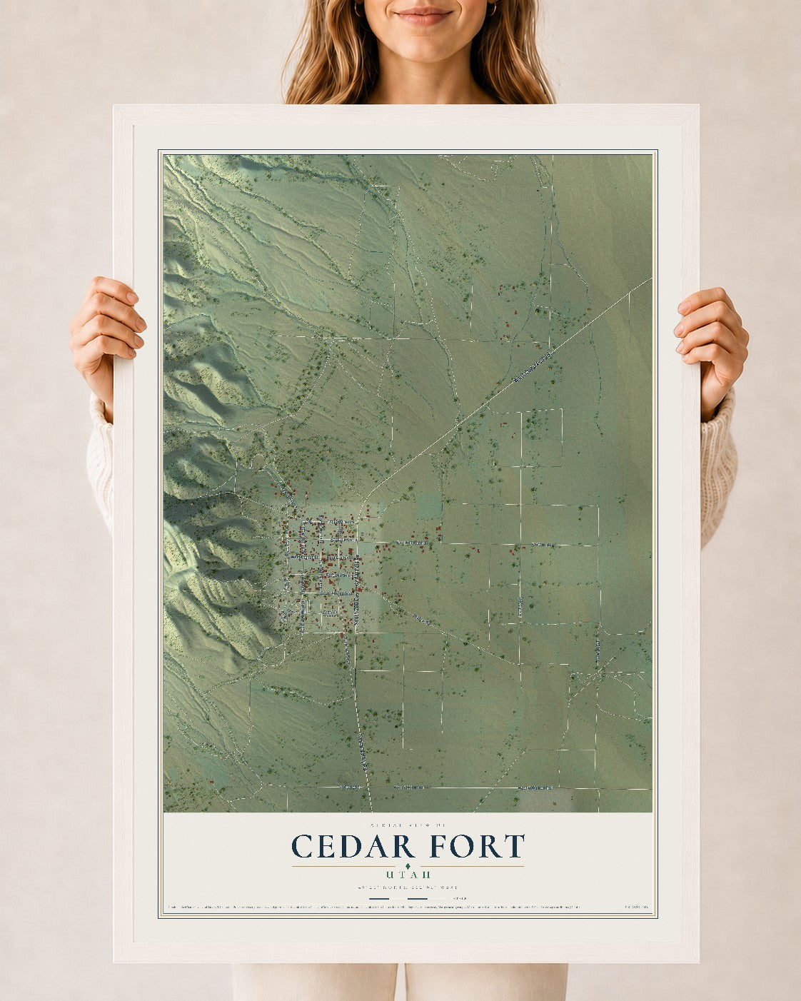 Map of Cedar Fort, Utah, 24 x 36 inch print in a white wood frame