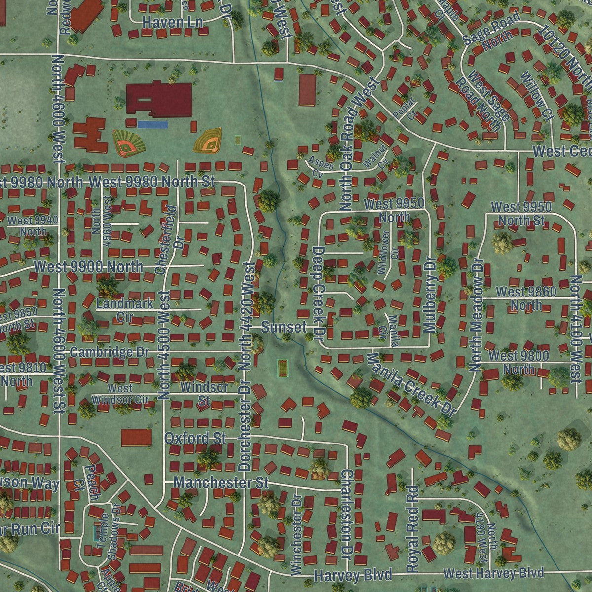Close-up of the map of Cedar Hills, Utah print showing street and building detail