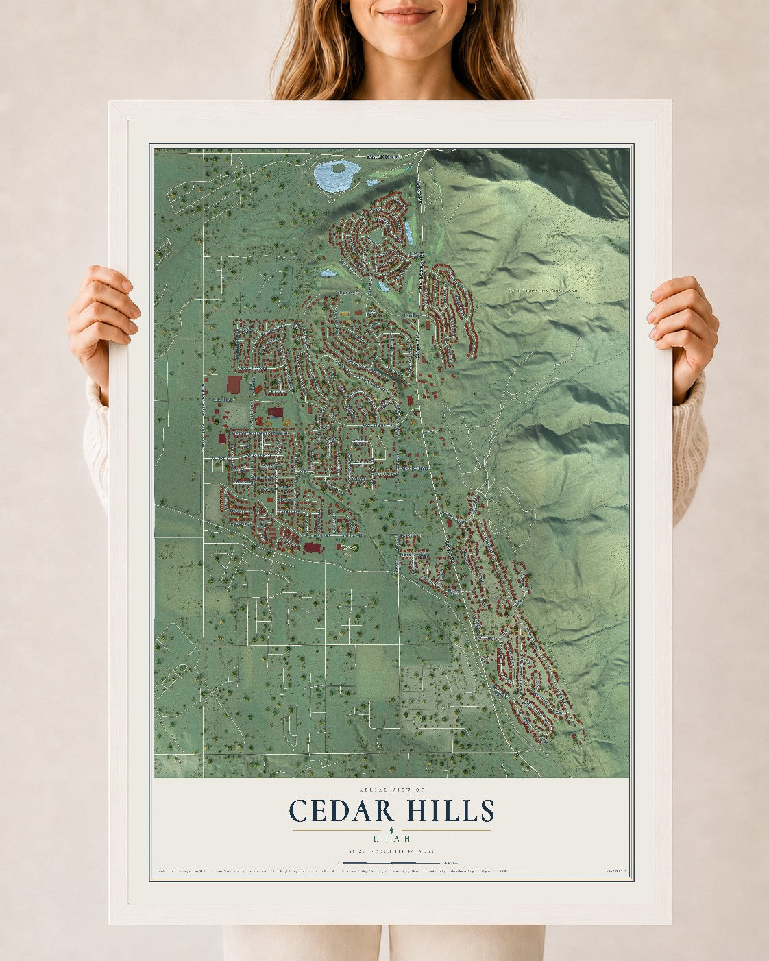 Map of Cedar Hills, Utah, 24 x 36 inch print in a white wood frame