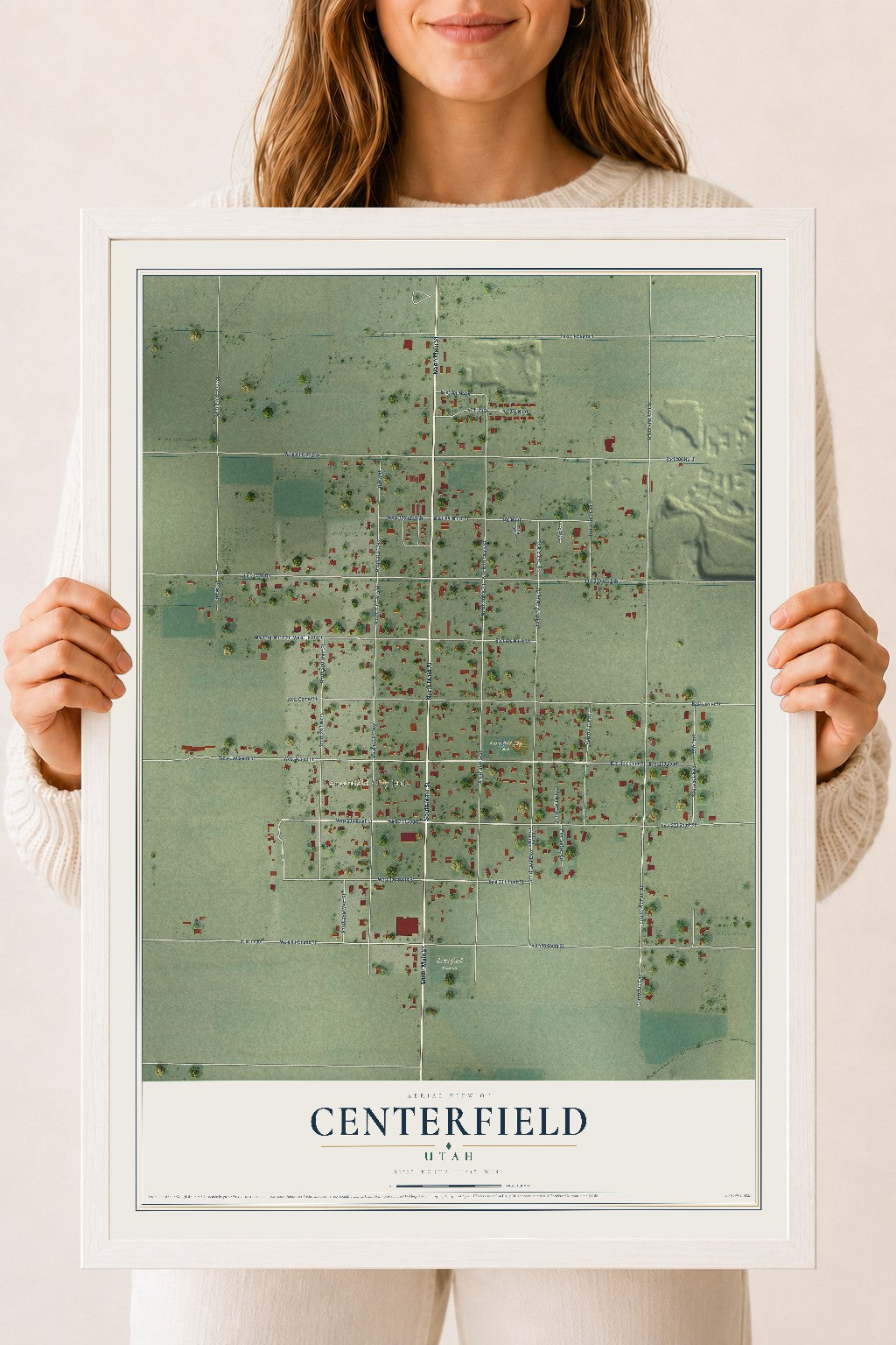 Map of Centerfield, Utah, 18 x 24 inch print in a white wood frame