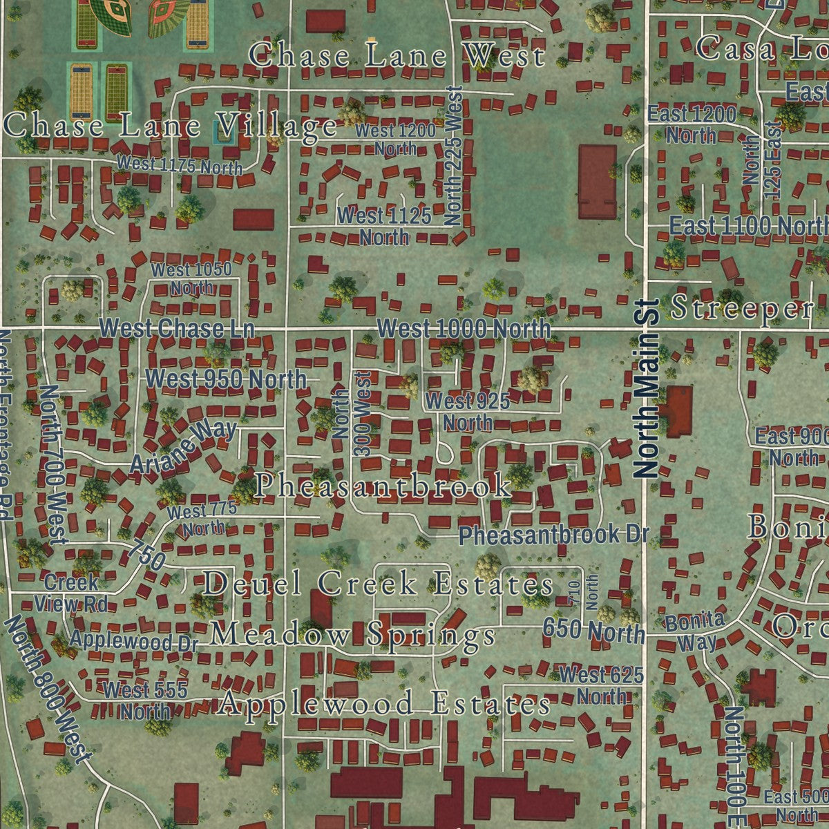 Close-up of the map of Centerville, Utah print showing street and building detail