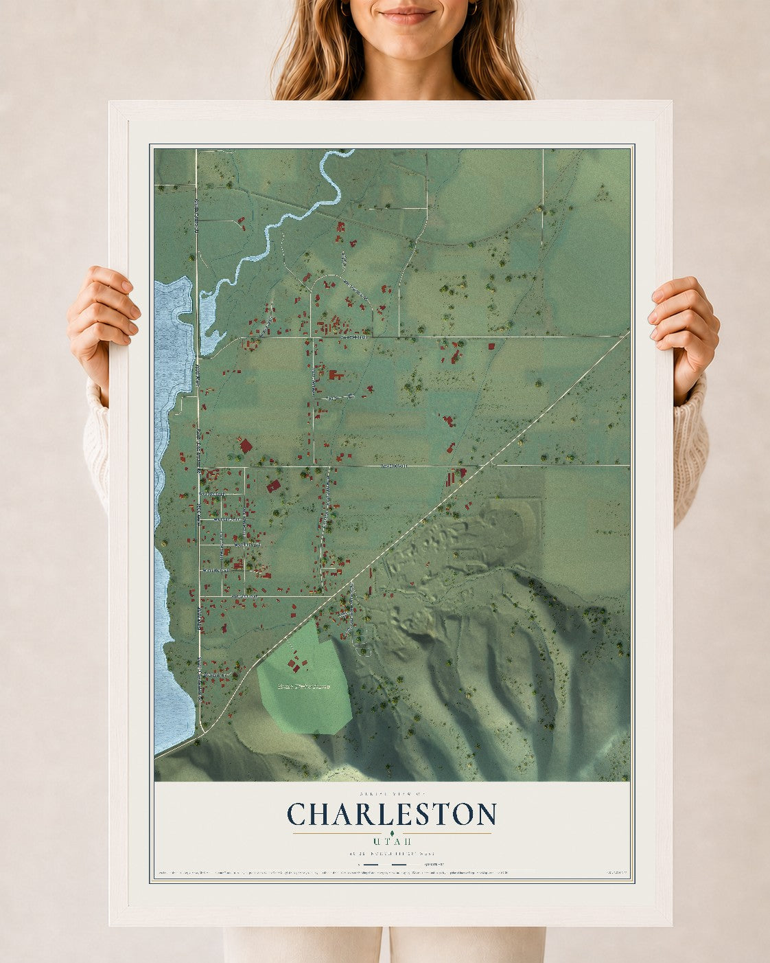 Map of Charleston, Utah, 24 x 36 inch print in a white wood frame