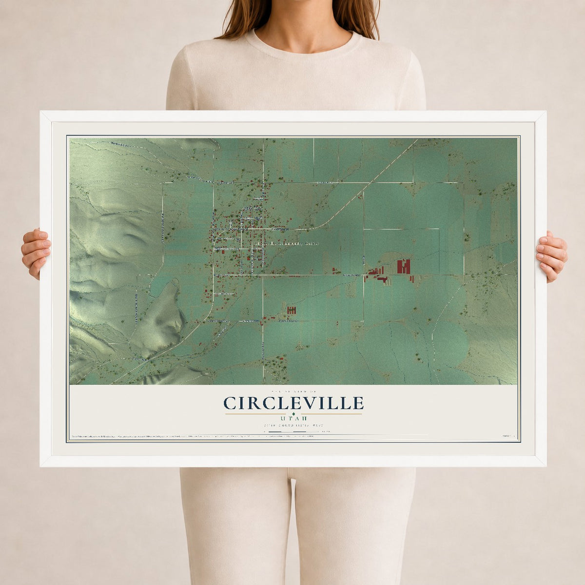 Map of Circleville, Utah, 24 x 36 inch print in a white wood frame