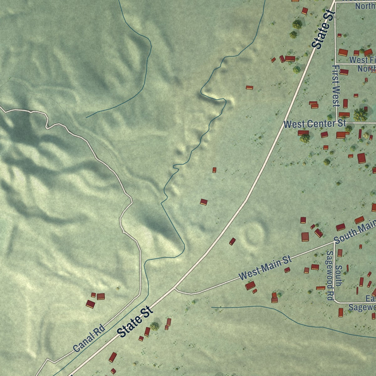 Close-up of the map of Clawson, Utah print showing street and building detail