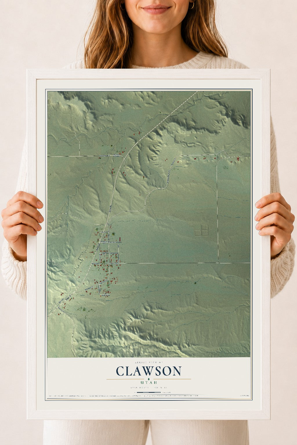Map of Clawson, Utah, 18 x 24 inch print in a white wood frame