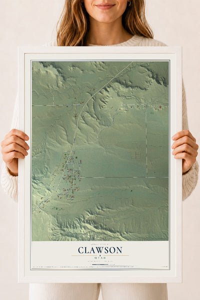 Map of Clawson, Utah, 18 x 24 inch print in a white wood frame