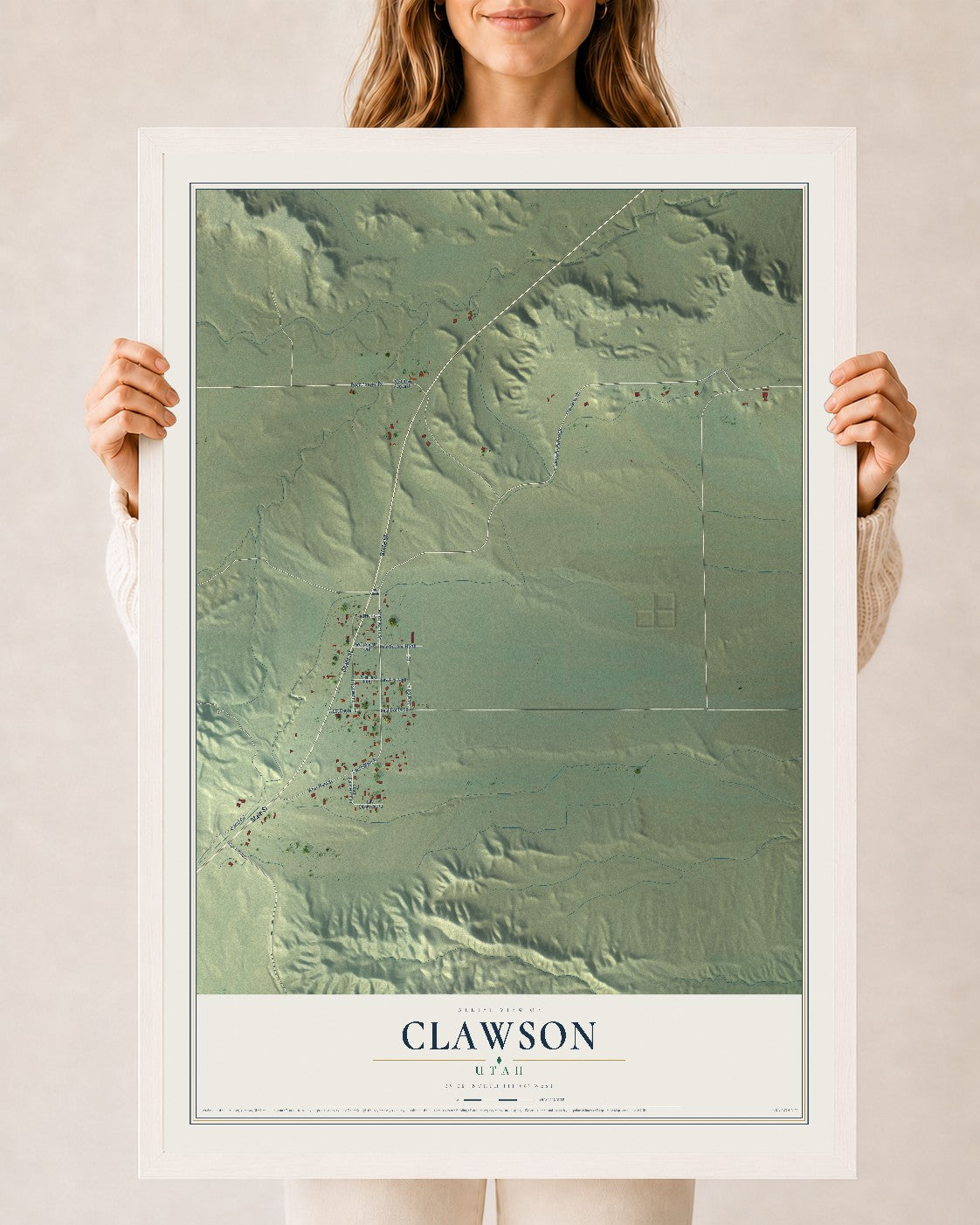 Map of Clawson, Utah, 24 x 36 inch print in a white wood frame