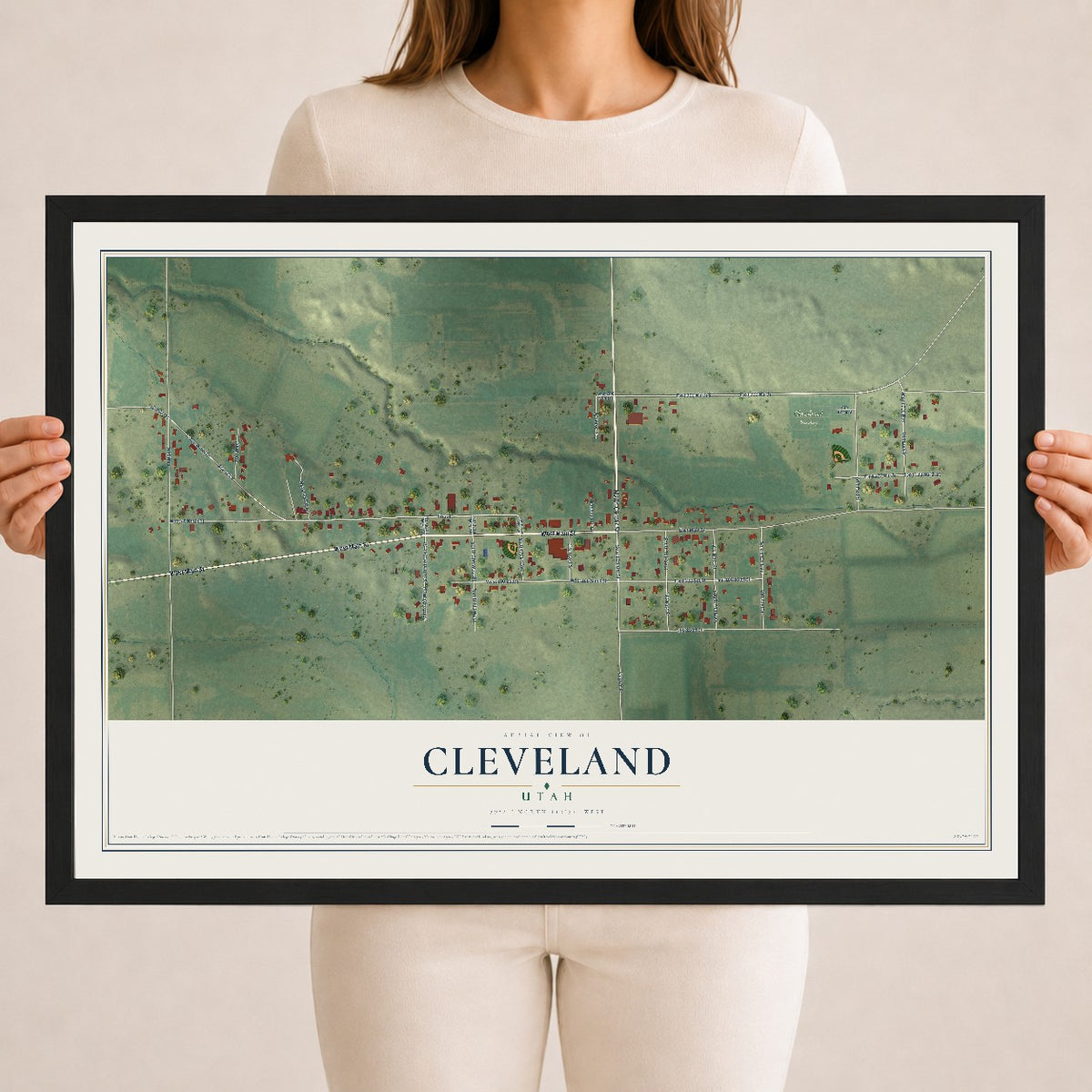 Map of Cleveland, Utah, 18 x 24 inch print in a black wood frame