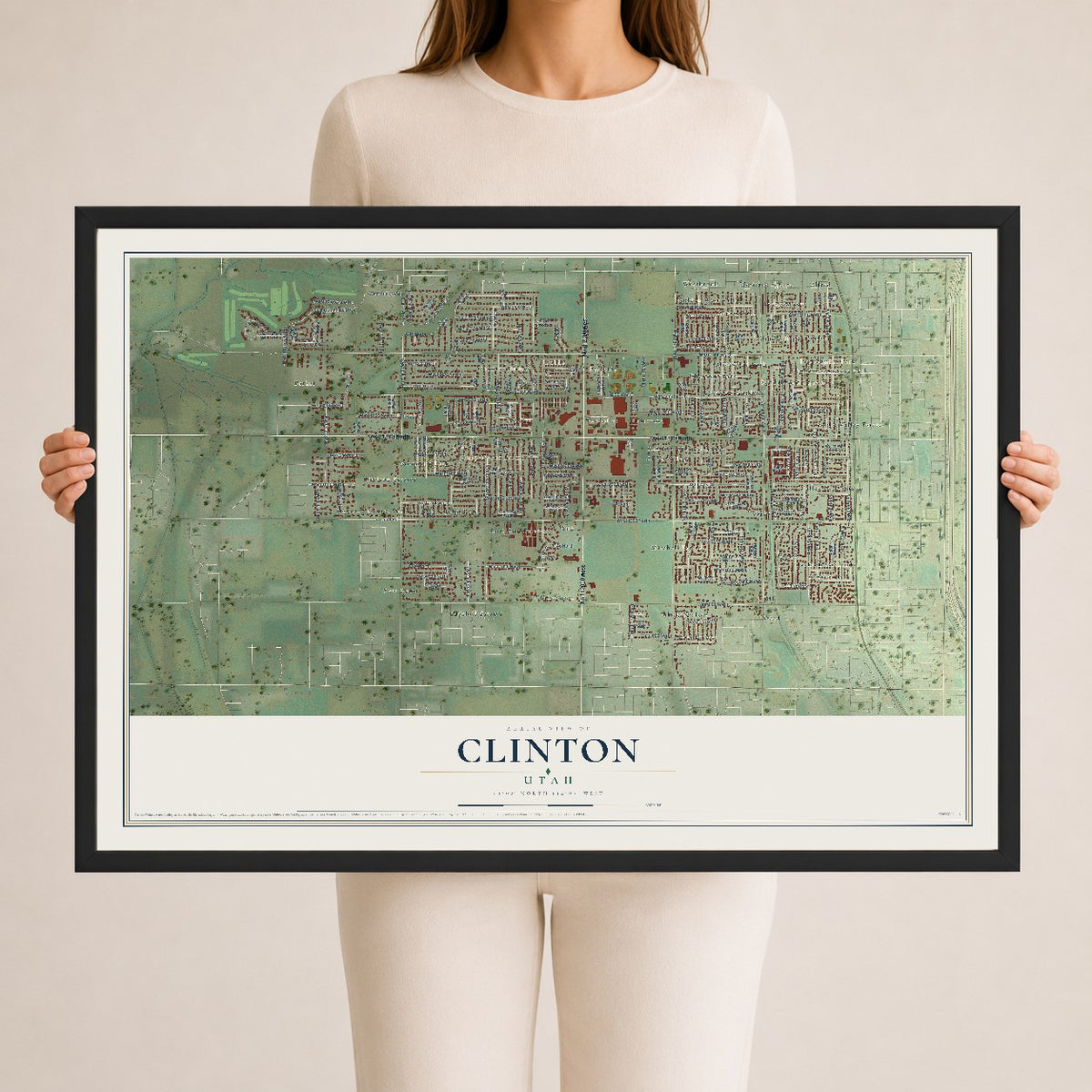 Map of Clinton, Utah, 24 x 36 inch print in a black wood frame