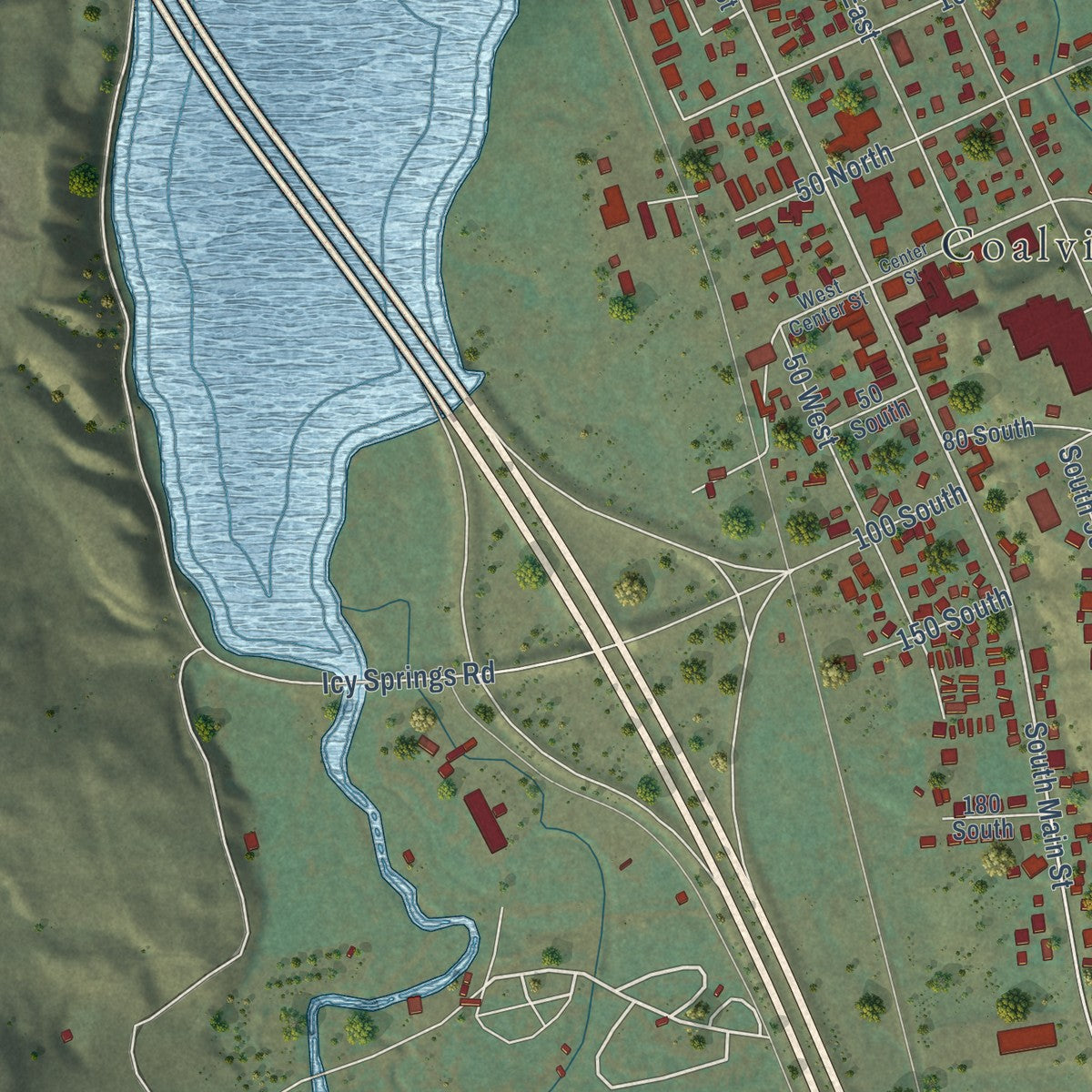 Close-up of the map of Coalville, Utah print showing street and building detail