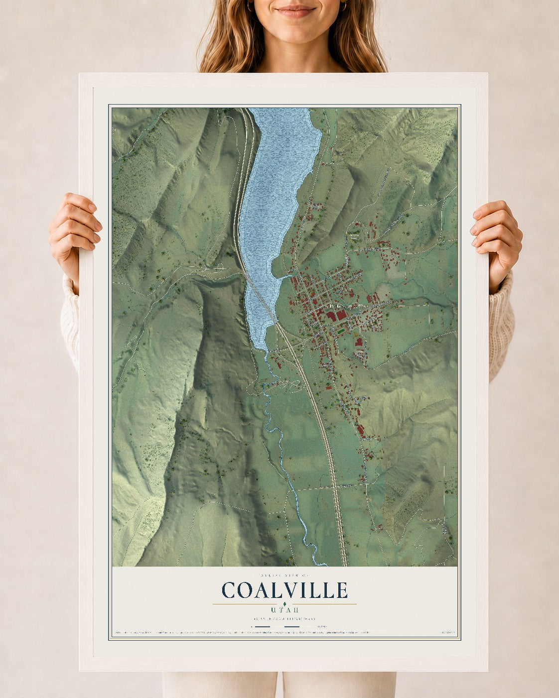 Map of Coalville, Utah, 24 x 36 inch print in a white wood frame