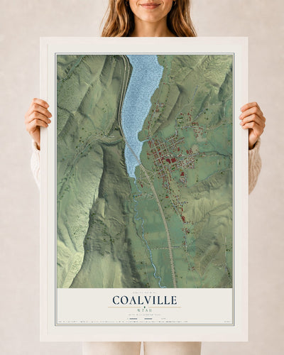 Map of Coalville, Utah, 24 x 36 inch print in a white wood frame