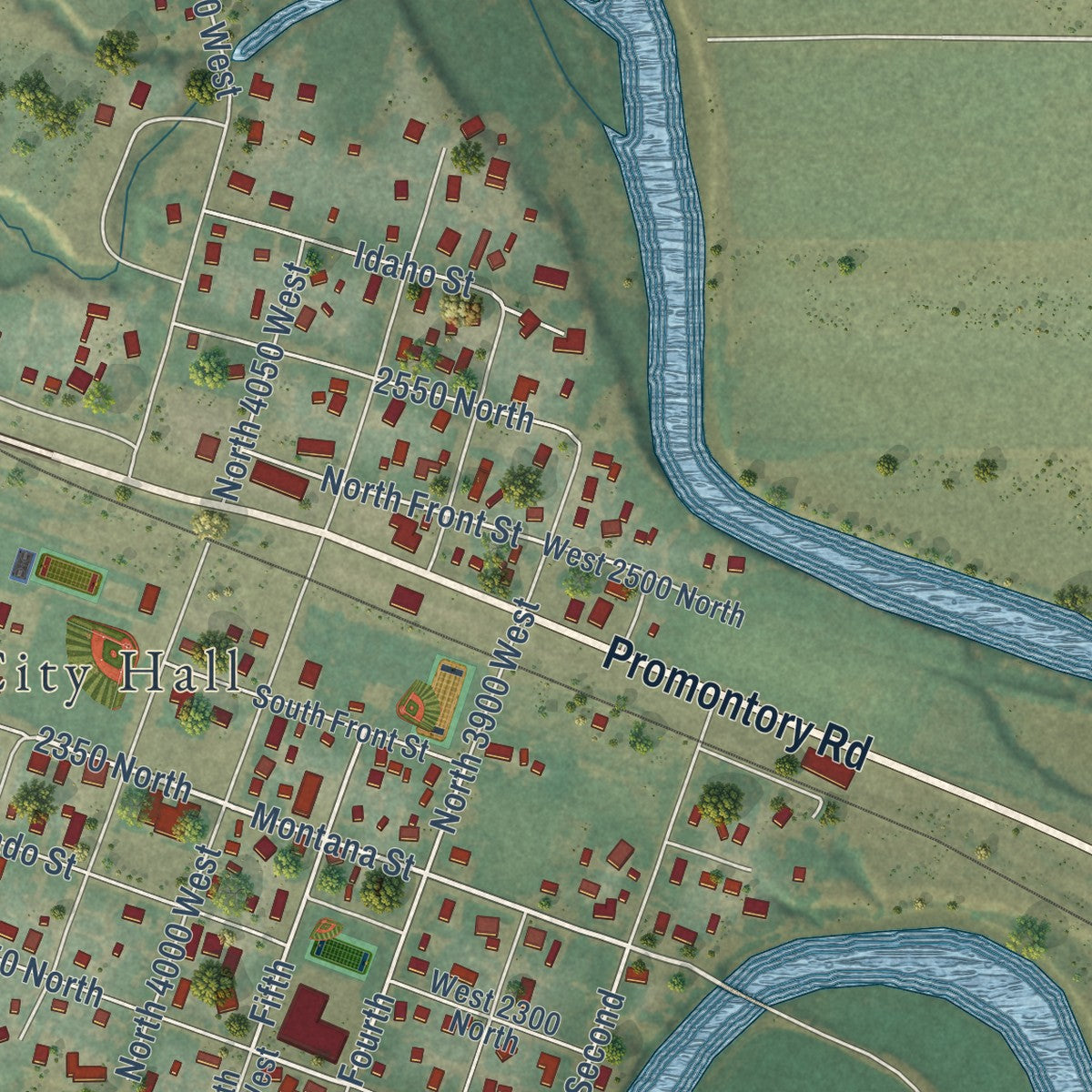 Close-up of the map of Corinne, Utah print showing street and building detail