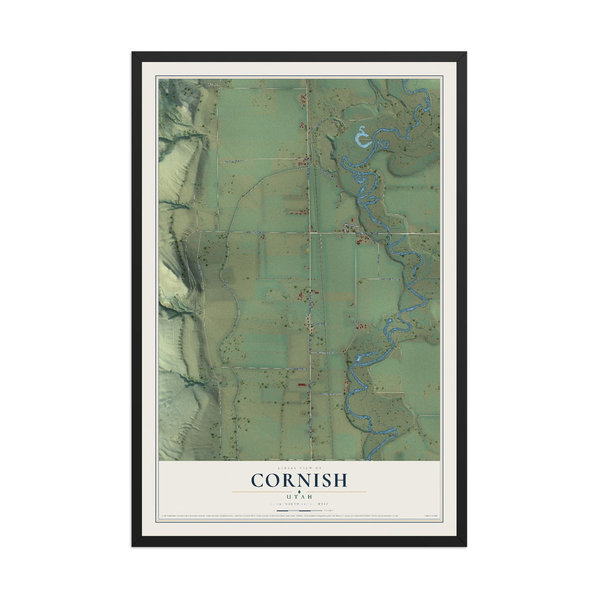 Map of Cornish, Utah, 12 x 18 inch print in a black wood frame
