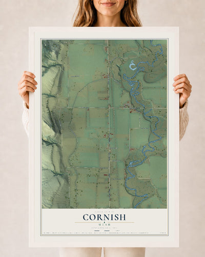 Map of Cornish, Utah, 24 x 36 inch print in a white wood frame