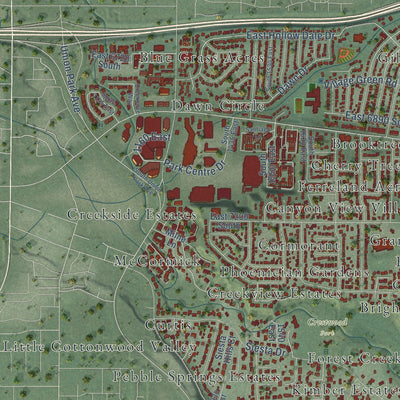 Second close-up of the map of Cottonwood Heights, Utah print showing more streets and buildings