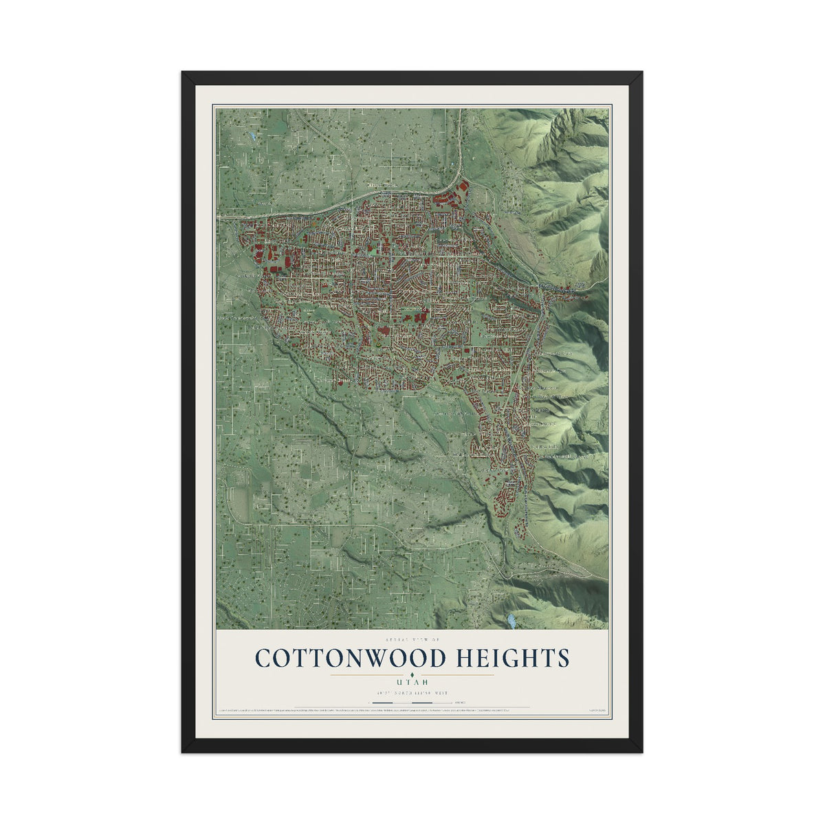 Map of Cottonwood Heights, Utah, 12 x 18 inch print in a black wood frame